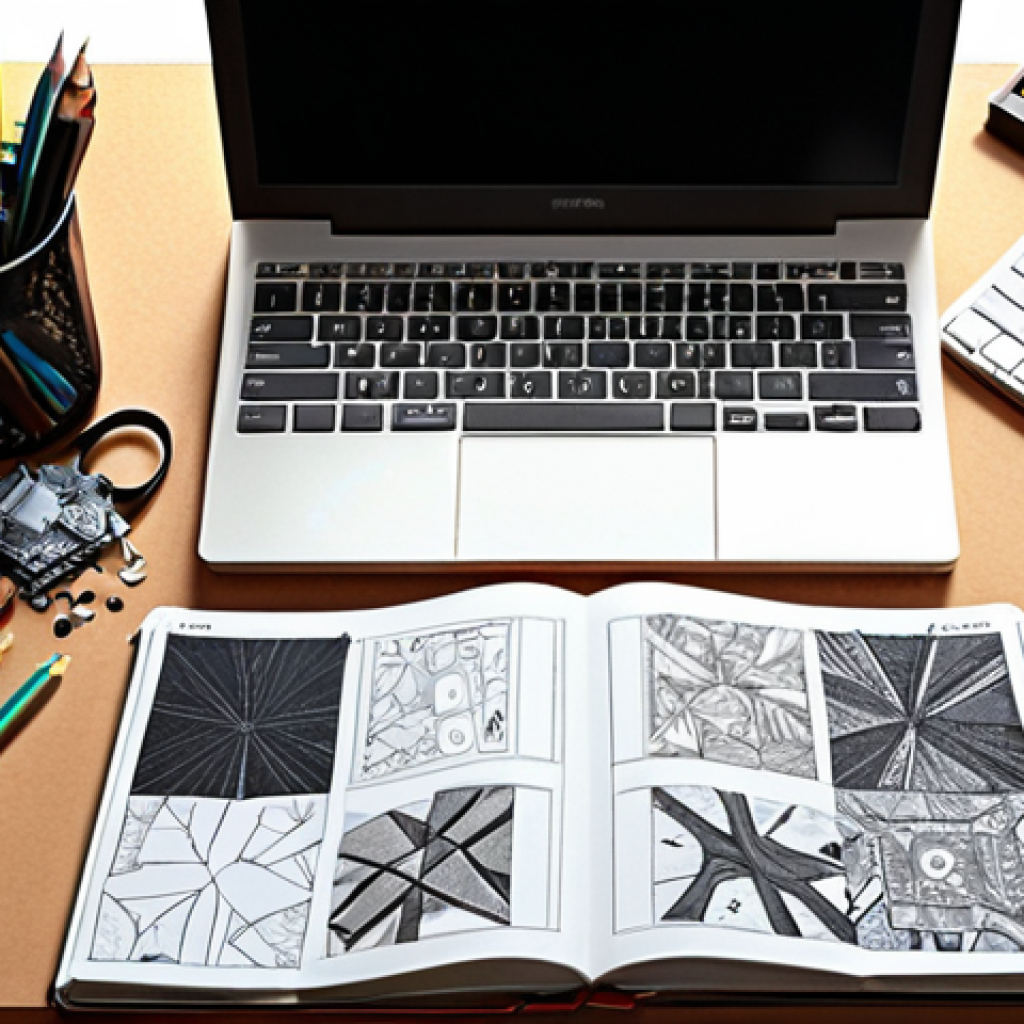 **A graphic designer's desk littered with tools, both digital and physical. Open source graphics editor on a computer screen. Sketchbooks, pencils, and swatches scattered around. Focus on the creative chaos and the blend of traditional and modern design techniques.**