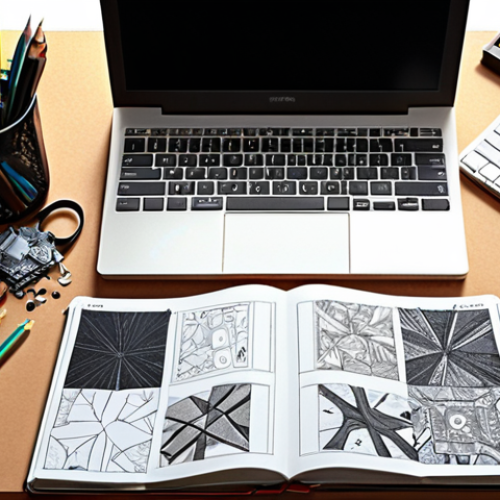 **A graphic designer's desk littered with tools, both digital and physical. Open source graphics editor on a computer screen. Sketchbooks, pencils, and swatches scattered around. Focus on the creative chaos and the blend of traditional and modern design techniques.**