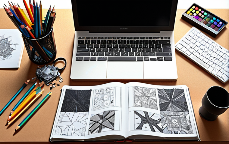 **A graphic designer's desk littered with tools, both digital and physical. Open source graphics editor on a computer screen. Sketchbooks, pencils, and swatches scattered around. Focus on the creative chaos and the blend of traditional and modern design techniques.**