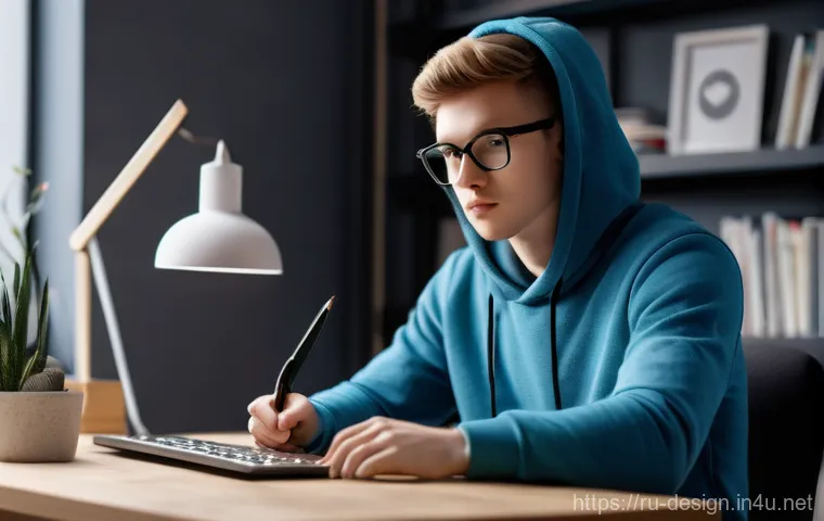 3D 모델링 기초 - A young, enthusiastic beginner 3D artist, around 18-22 years old, sits at a modern, clean desk in a ...