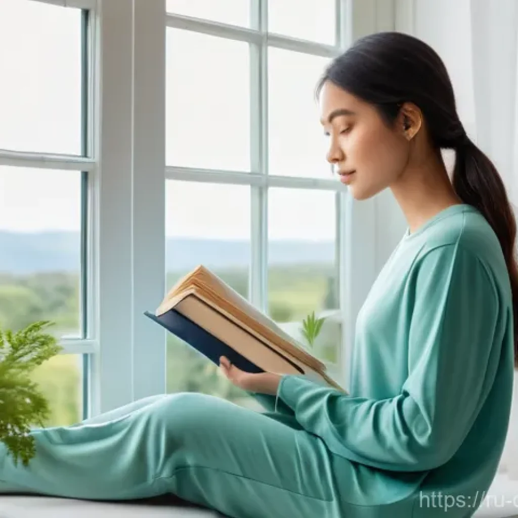 색채학 이론 - **Prompt:** A young woman, dressed in comfortable, modest light-colored loungewear (such as a soft b...