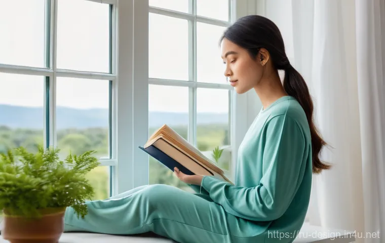색채학 이론 - **Prompt:** A young woman, dressed in comfortable, modest light-colored loungewear (such as a soft b...