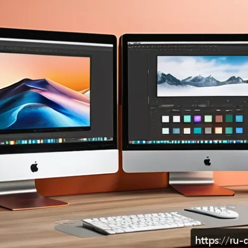 Home 27 포토샵 합성 기술 - A detailed digital art workspace scene showcasing a modern graphic designer's desk with multiple lay...