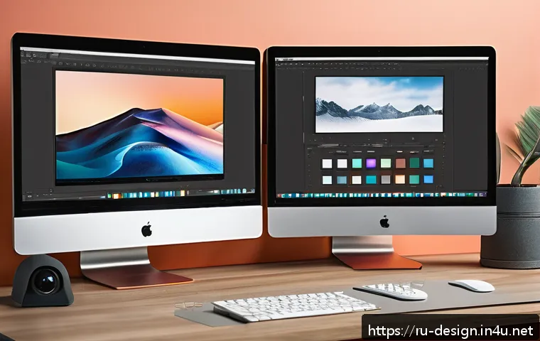 포토샵 합성 기술 - A detailed digital art workspace scene showcasing a modern graphic designer's desk with multiple lay...