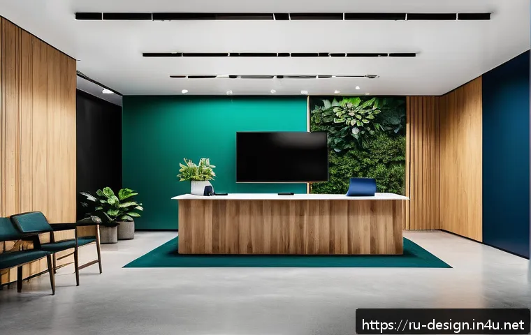 그래픽 디자인 트렌드 - A sophisticated branding scene featuring a deep blue and emerald color palette with warm accent tone...
