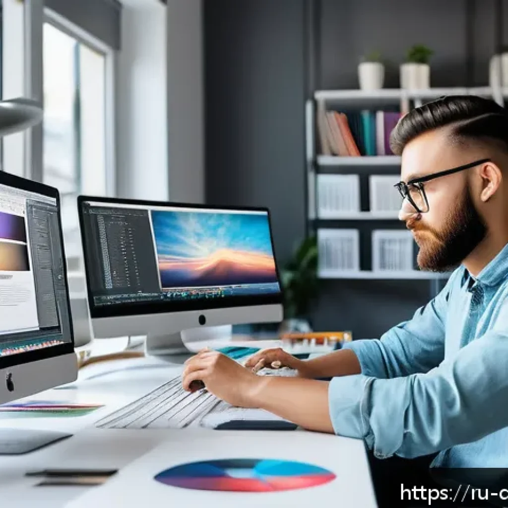 디자인 관련 자격증 정리 - A modern graphic designer working in a bright, spacious studio filled with multiple computer screens...
