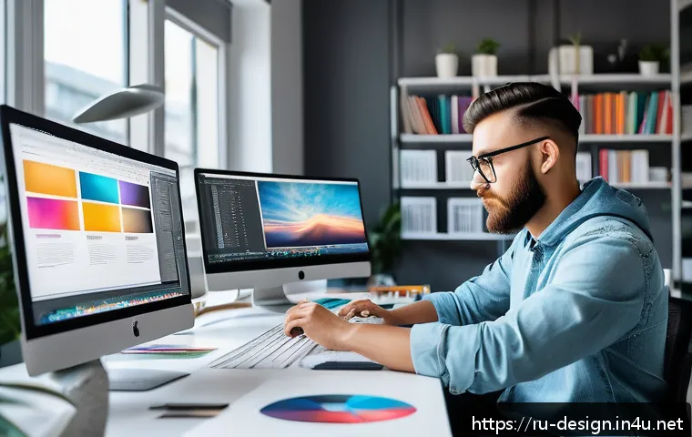 디자인 관련 자격증 정리 - A modern graphic designer working in a bright, spacious studio filled with multiple computer screens...