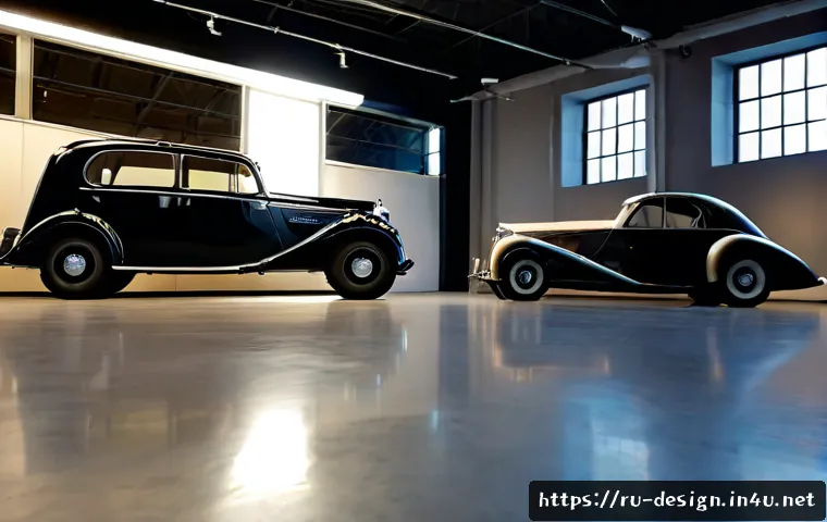 자동차 디자인 역사 - Photorealistic automotive design history scene in a spacious Russian industrial museum, a graceful 1...